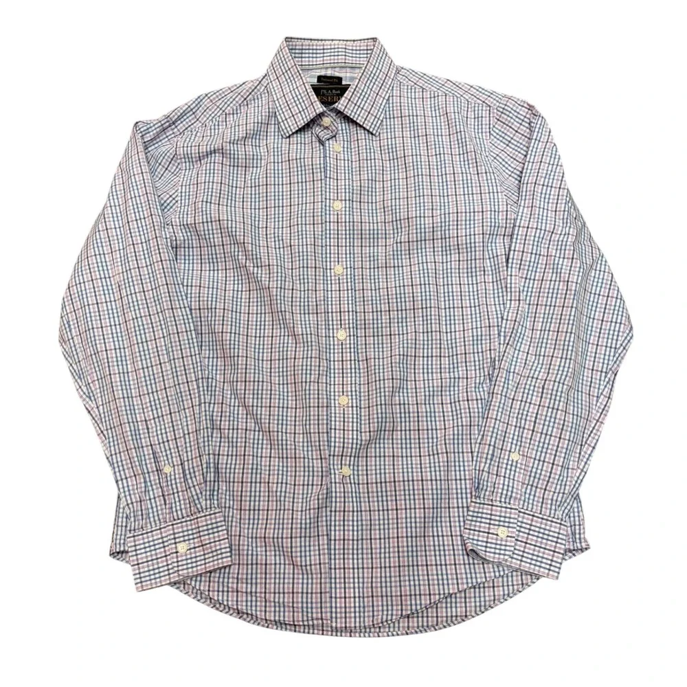 Jos‎ A Bank Reserve Tailored Fit Cotton Cashmere Check Shirt Mens Medium Blue